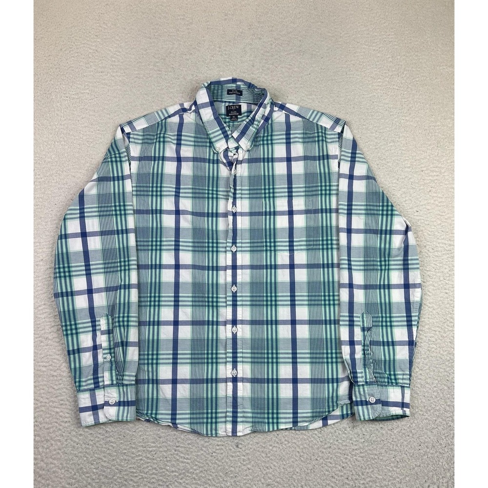 J.Crew Shirt Mens XL Blue Green Plaid Slim Untucked Flex Washed Long Sleeve